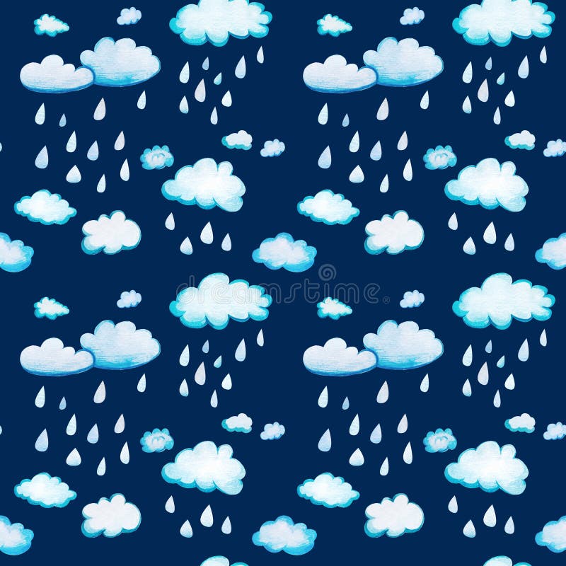 Seamless pattern with watercolor clouds and rain. White-blue cartoon clouds on a dark blue evening background. Soft fluffy rounded shapes with the texture of watercolor paper with large raindrops