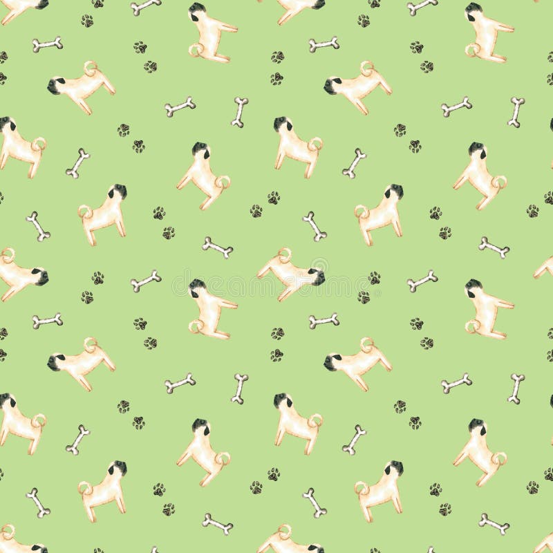 Seamless Pattern with Watercolor Dog. Hand Drawn Illustration is Isolated  on Green Stock Illustration - Illustration of cute, card: 182627662
