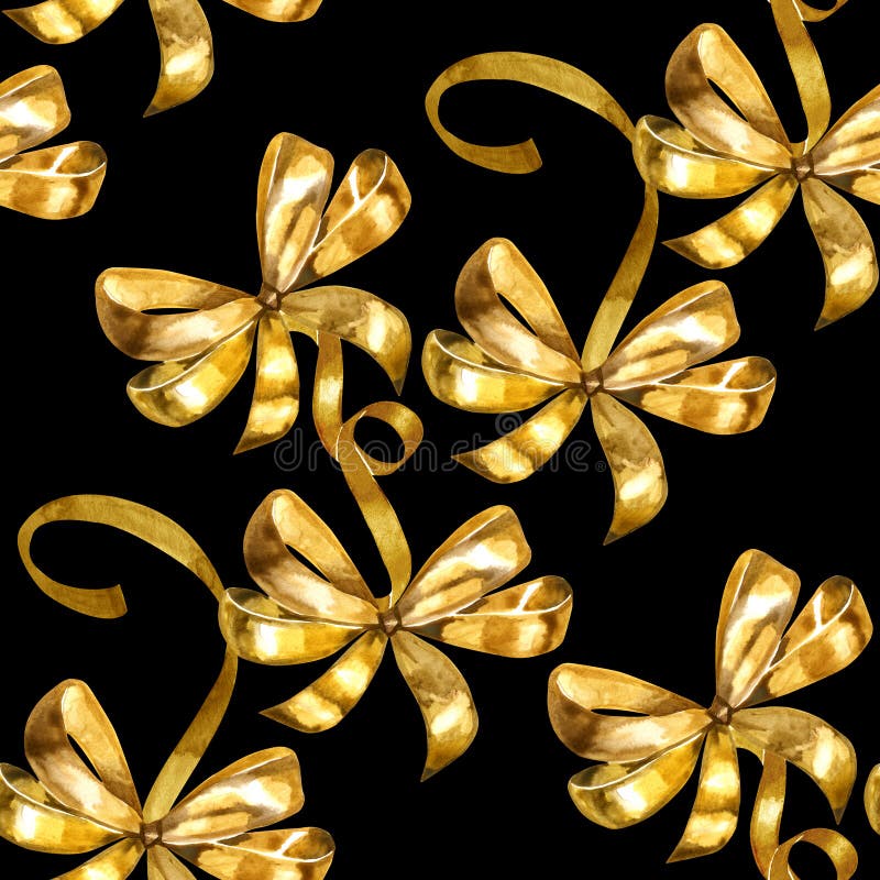 Seamless pattern with watercolor gold bows on a black background stock photo Seamless pattern with watercolor gold bows on a black background stock photo