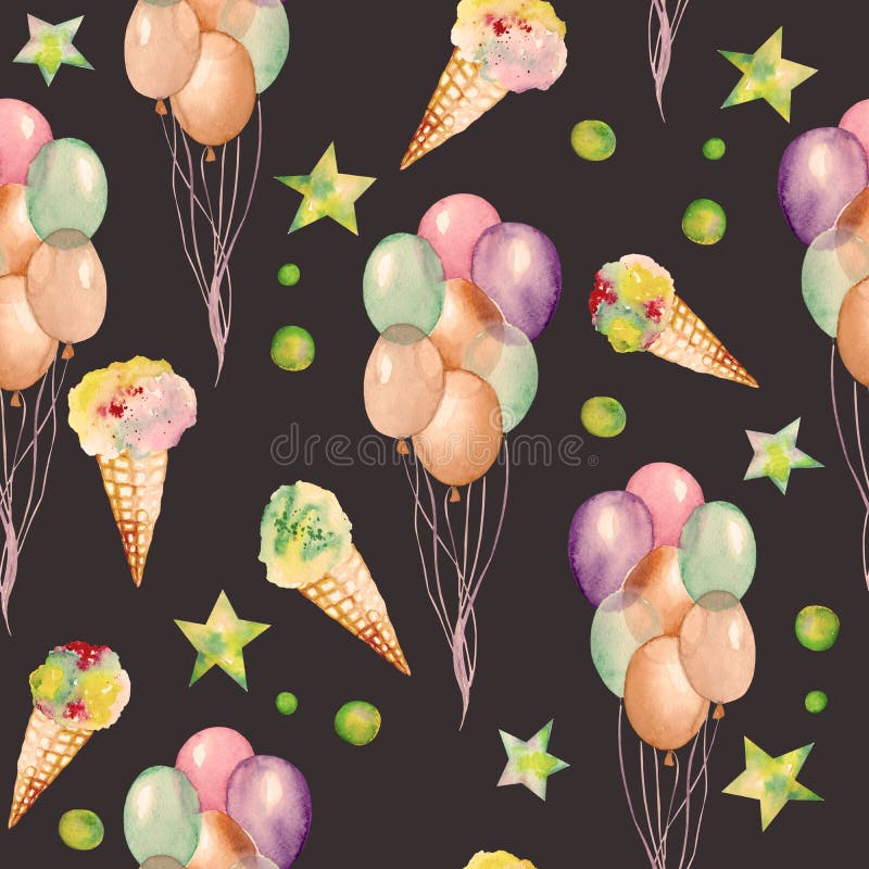 A seamless pattern with the watercolor hand drawn party or circus elements: air balloons, ice cream and stars. Painted on a dark b