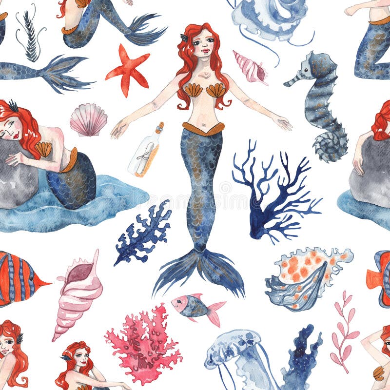 Seamless pattern with watercolor mermaids, seashells, sea stars