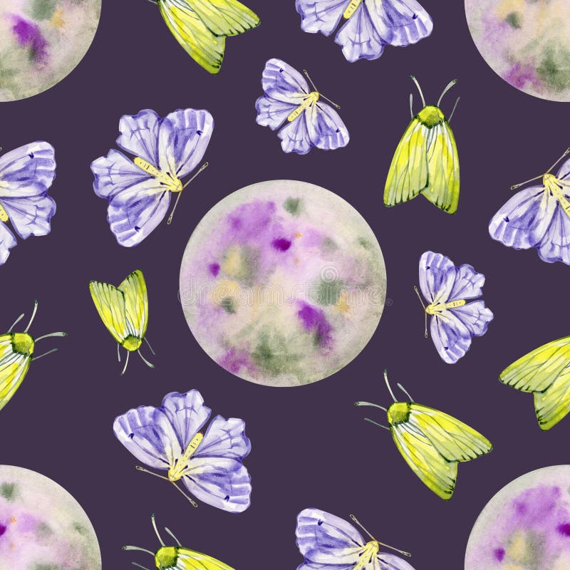 Seamless pattern Watercolor moon and moth, night butterfly background. Hand-drawn night luna light object sky elements space stock photo