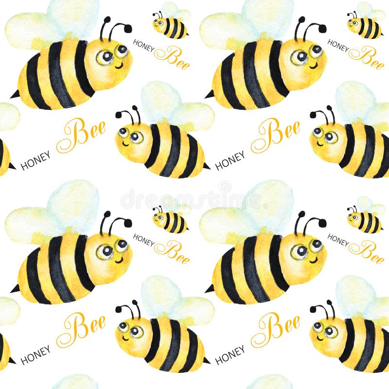 Seamless pattern Watercolor painted Funny bright cartoon insects collection. bee, bumblebee, with text on withe