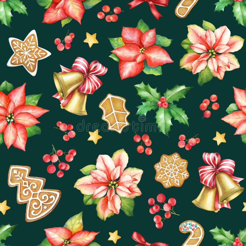 Seamless pattern with poinsettia flowers, ginger cookies, sweets and holly berries vector illustration Seamless pattern with poinsettia flowers, ginger cookies, sweets and holly berries vector illustration
