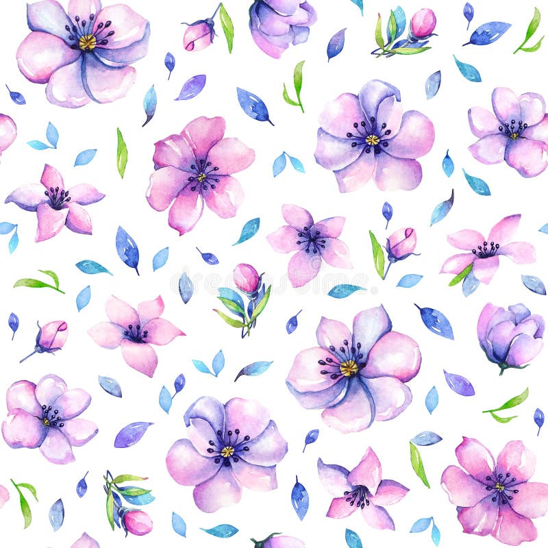 Seamless Pattern with Watercolor Purple Flowers and Blue Leaves on ...