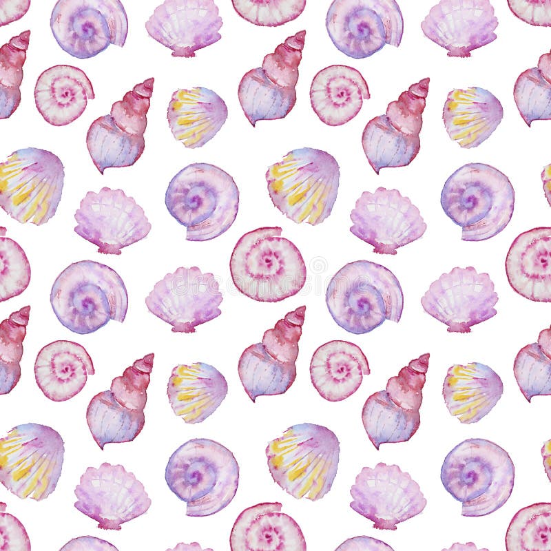 Watercolor seamless shells pattern vector illustration