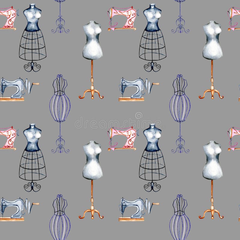 Seamless Pattern with Watercolor Retro Mannequins and Sewing Machines ...
