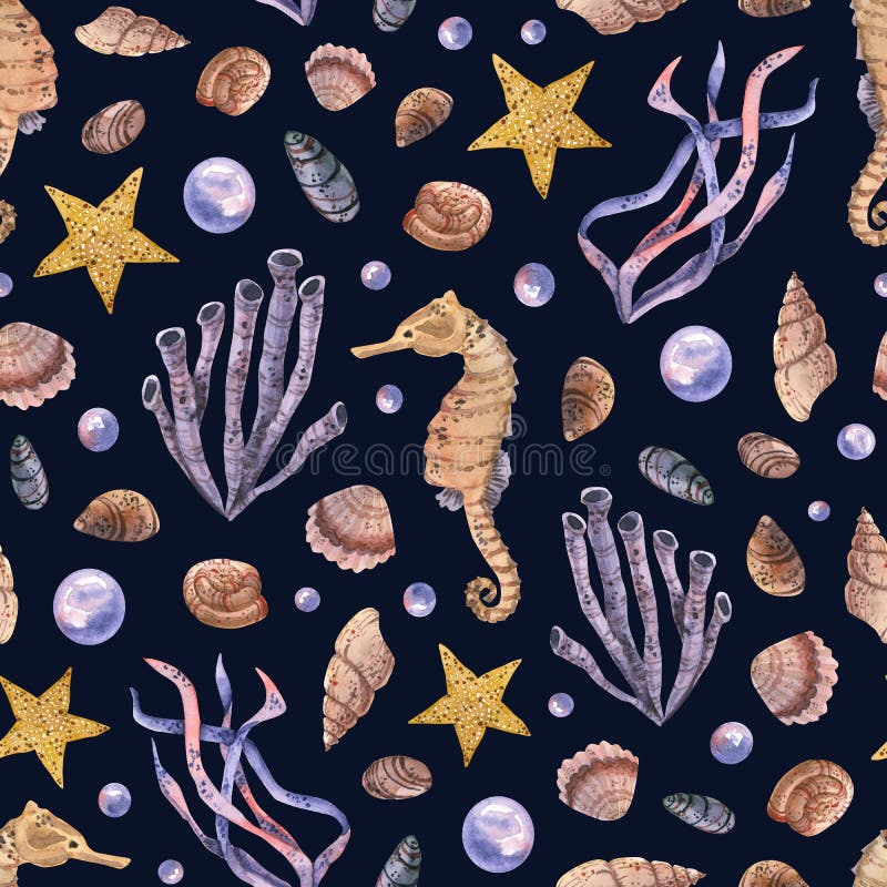Seamless pattern with watercolor stones, shells, seaweed, sea horse, starfish. Hand drawn illustration isolated on dark blue