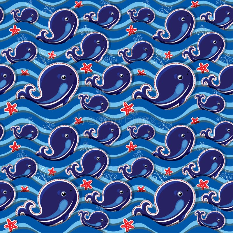 Seamless pattern with whales and sea stars