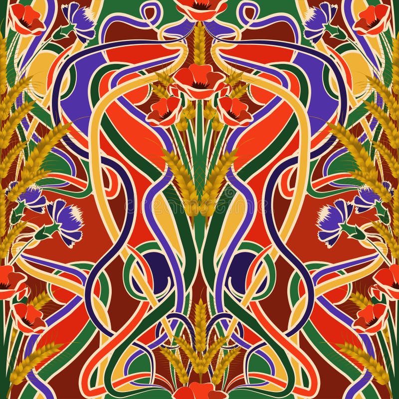 Seamless pattern with wheat and flowers in art nouveau style, vector stock illustration Seamless pattern with wheat and flowers in art nouveau style, vector stock illustration