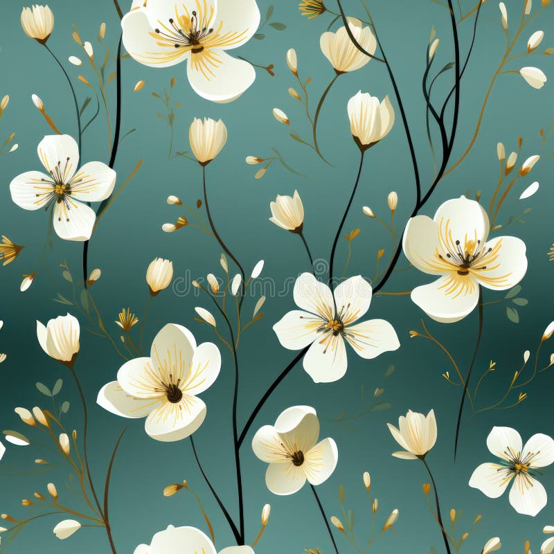 Seamless pattern of white flowers on a delicate green background. stock illustration