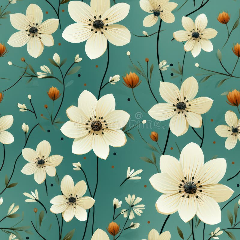Seamless pattern of white flowers on a delicate green background. vector illustration