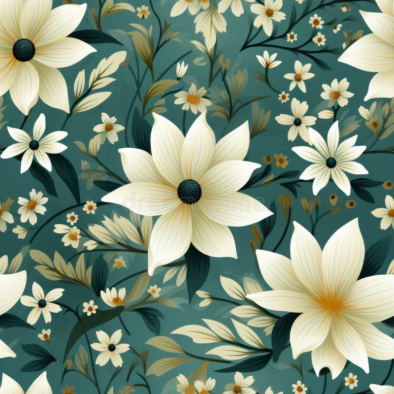 Seamless pattern of white flowers on a delicate green background. vector illustration