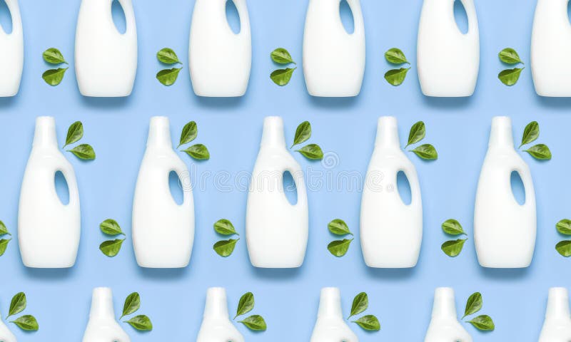 Seamless Pattern of White plastic packaging of laundry detergent, liquid powder, washing conditioner, green leaves on blue