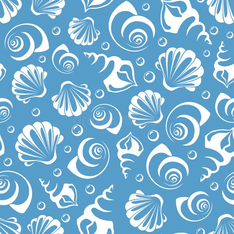 Seamless pattern with white sea shells on a blue background. Vector illustration. royalty free illustration