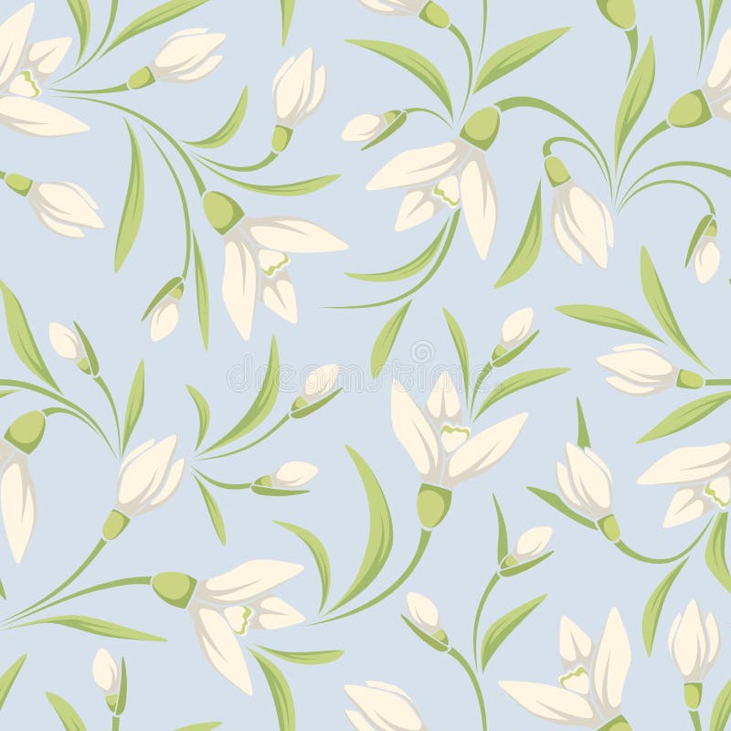 Seamless pattern with white snowdrop flowers on a blue background. Vector illustration.