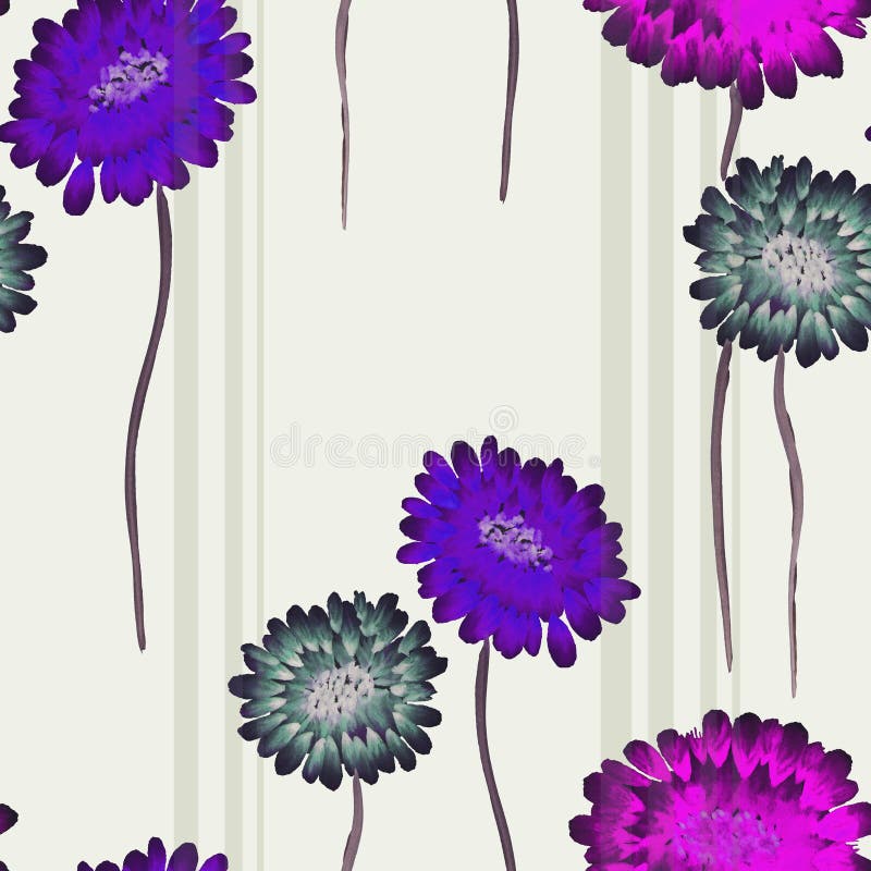 Seamless pattern of wild pink, green violet flowers on a light green background with vertical stripes. Watercolor - Illustration