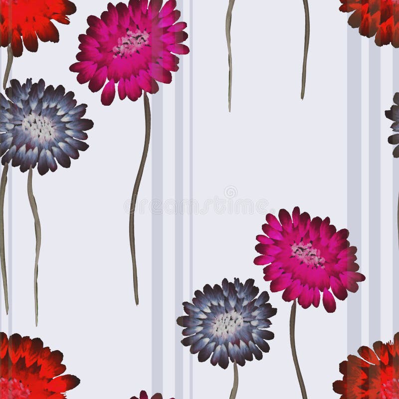 Seamless pattern of wild red, pink, violet flowers on a light blue background with vertical stripes. Watercolor- Illustration