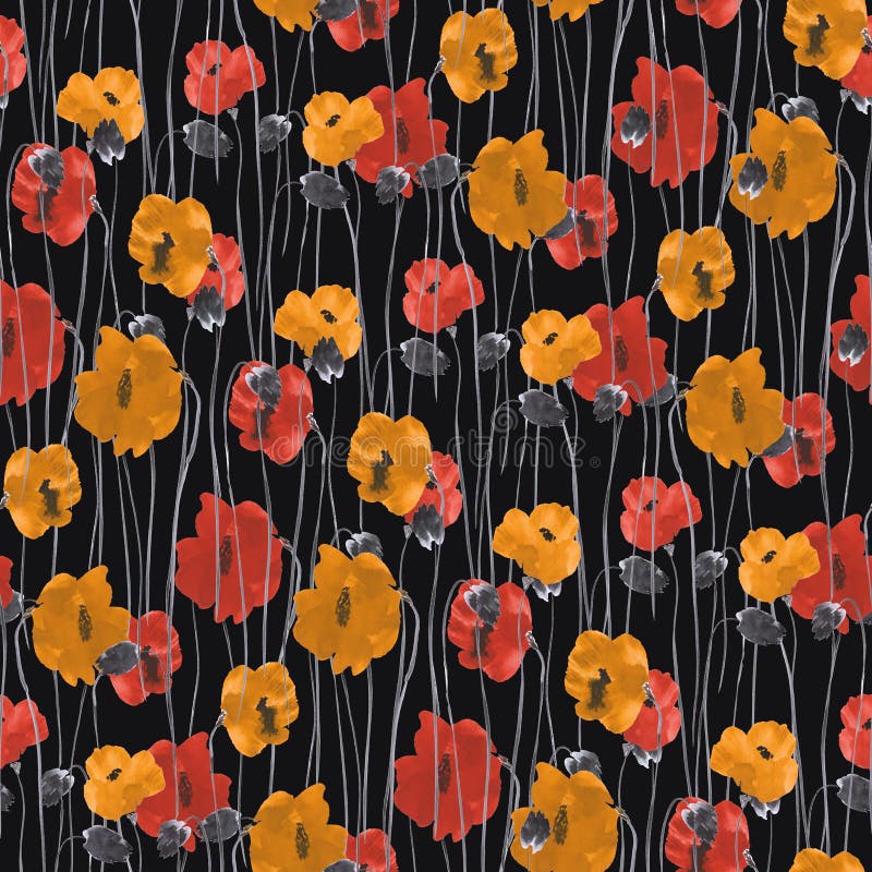 Seamless pattern of wild small yellow and red flowers of poppy on the black background. Watercolor -3