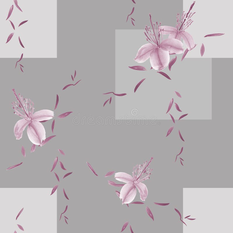 Seamless pattern of wild violet flowers and leaves on a gray background with geometric figures. Watercolor royalty free illustration Seamless pattern of wild violet flowers and leaves on a gray background with geometric figures. Watercolor royalty free illustration
