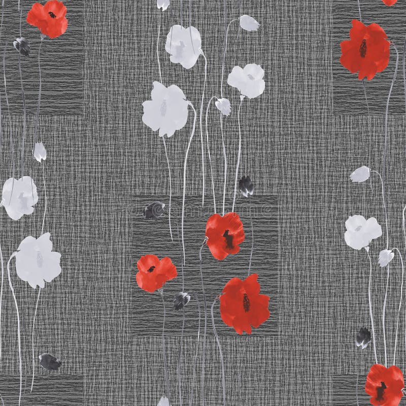 Seamless pattern of wild white and red flowers on a dark gray background with squares. Watercolor