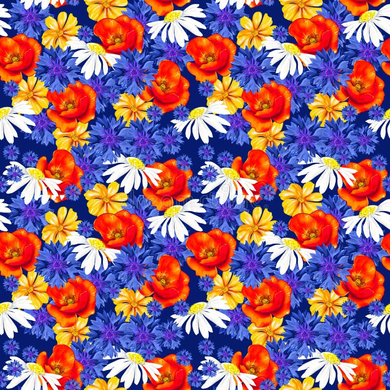 Seamless pattern with wildflowers: poppy, cornflower, chamomile and herbs vector illustration