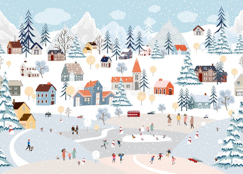 Winter Landscape with Snow Fallingon Christmas Night in Village,Vector  Banner Cute Winter Wonderland in the Town with Happy People Stock  Illustration - Illustration of season, holiday: 279392568