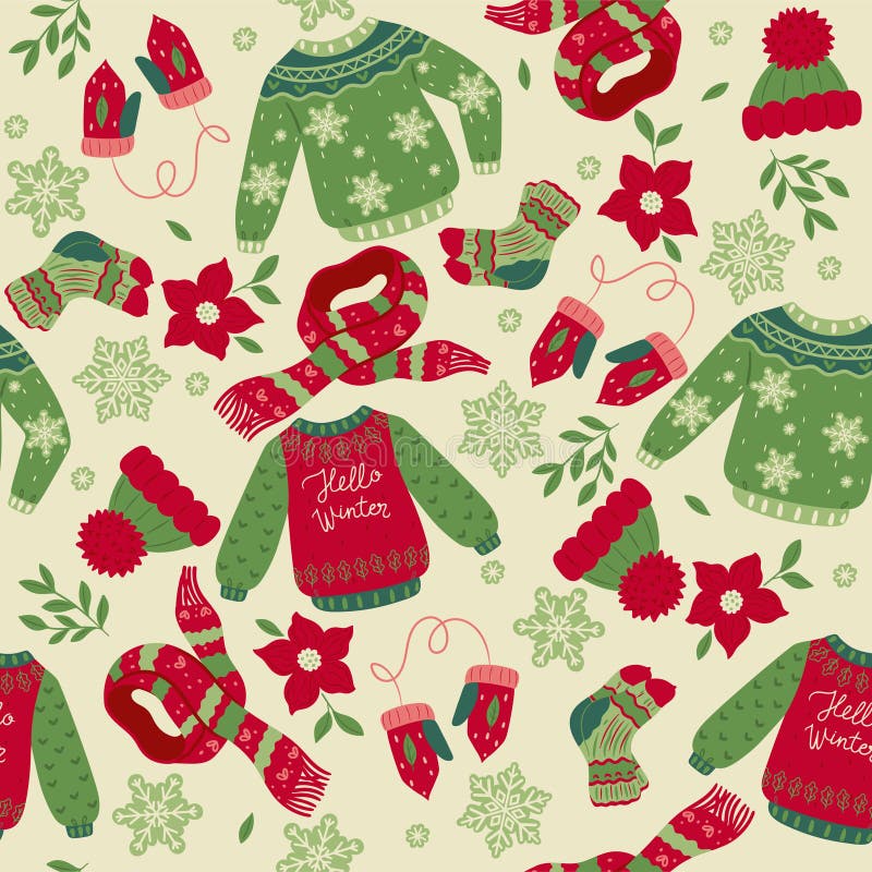Seamless Pattern with Winter Sweaters, Socks, Hats, Scarves. Vector