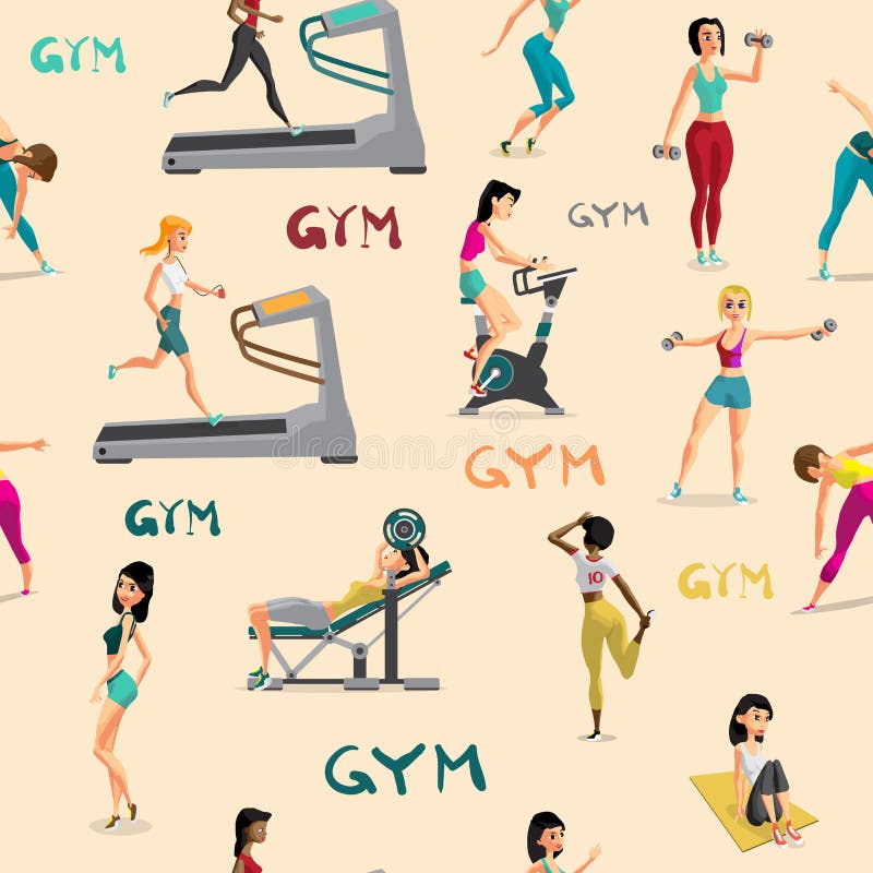 Seamless Pattern Women Doing Fitness Exercises in the Gym. Cartoon Style Vector Background Stock Vector - Illustration of health, backdrop: 88177609 Seamless Pattern Women Doing Fitness Exercises in the Gym. Cartoon Style Vector Background Stock Vector - Illustration of health, backdrop: 88177609