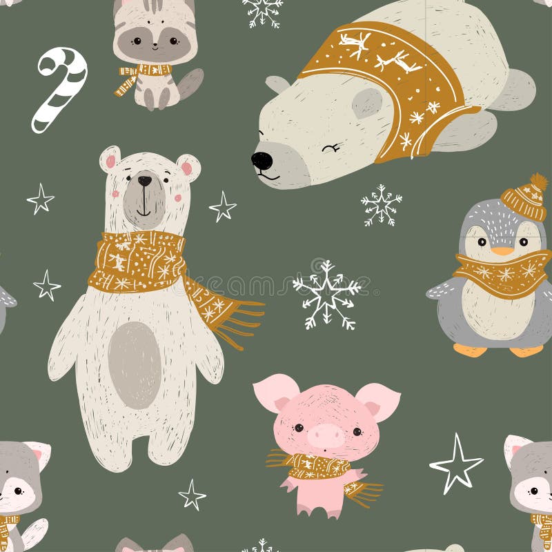 Seamless pattern with woodland animals. Vector polar bears, penguin, pig and kitten.Good for christmas cards