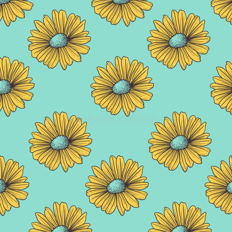 Seamless Pattern with Yellow Daisies on Turquoise Background Stock