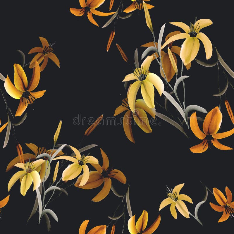 Seamless pattern of yellow and orange flowers of lily on the black background. Watercolor -1