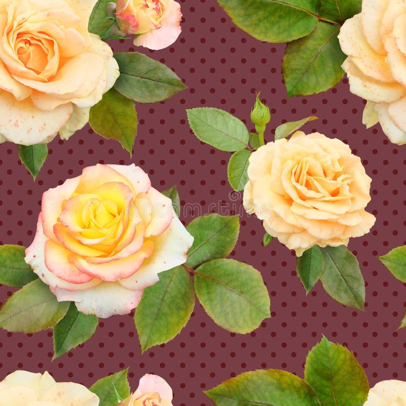 Seamless pattern of yellow roses. Photorealistic roses on a brown background in polka dots., print for fabric, decor for industrial products and other designs.