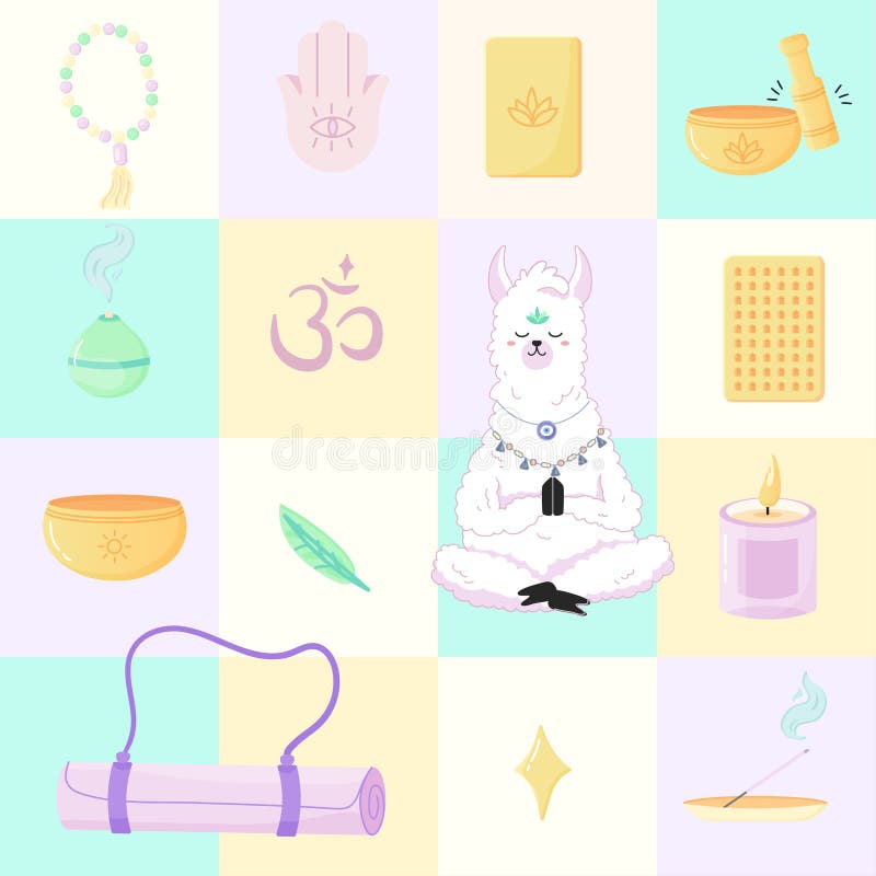 Seamless pattern of yoga lamas, meditations and singing bowls. For your fabric or design vector. Singing llama vectors