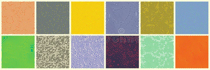 Seamless patterns, abstract organic lines color backgrounds set. Biological patterns with yellow, purple and blue memphis dots, irregular squiggle lines and abstract shape texture. Vector abstract seamless pattern vectors