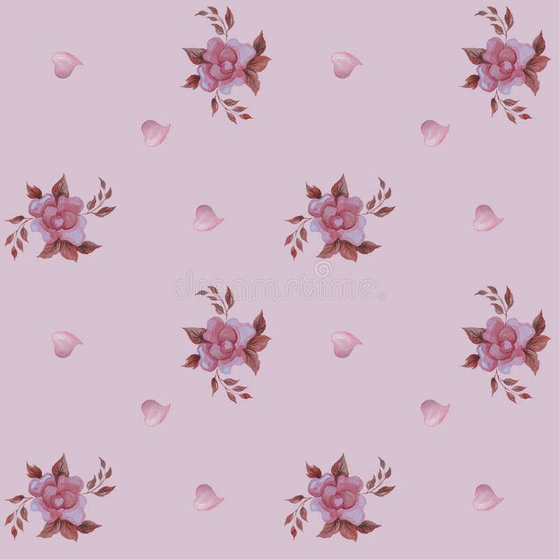 Seamless patterns. Decorative botanical elements and flowers. Pink rose and hearts on a delicate pink background. Watercolor. For