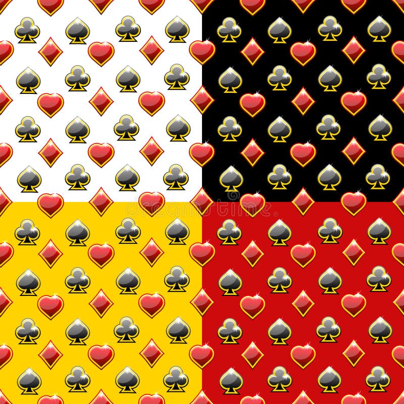 Seamless patterns with Playing Cards Symbols on different background. Heart, spade, club and diamond