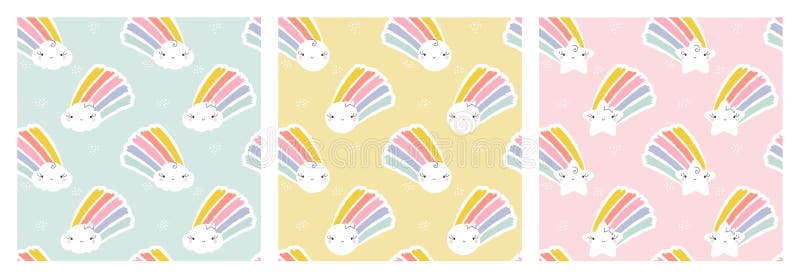 Seamless Patterns Set of Kawaii Sun, Star and Cloud with Rainbows. Creative  Vector Design for Cute Wallpaper or Funny Packaging Stock Vector -  Illustration of character, decoration: 213418777