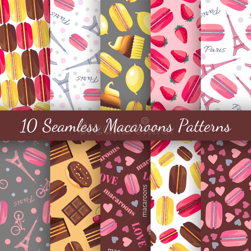 Seamless patterns with tasty macaroons, Eiffel Tower, Paris, bike and dots