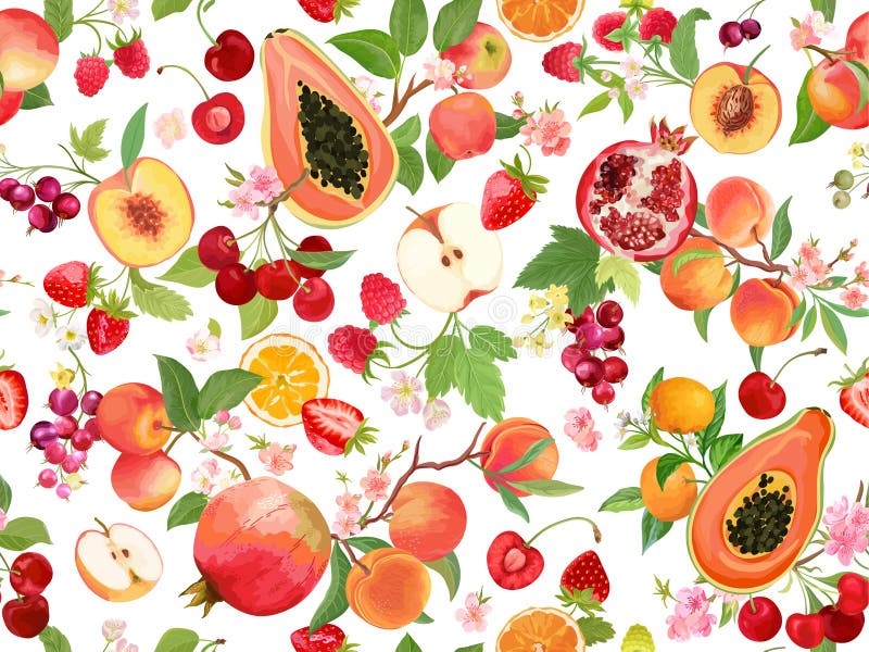 Seamless peach, strawberry, black currant, cherry, apple, mandarin, orange pattern with summer fruits background vector illustration