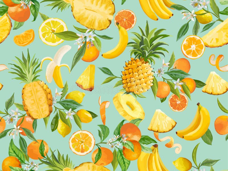 Seamless pineapple, banana, lemon, mandarin, orange pattern with summer fruits, leaves, flowers background royalty free illustration