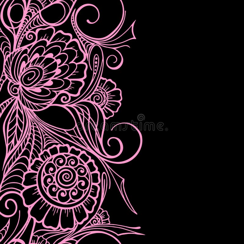 Seamless Pink Border on Black Background, Floral Graphic Repeat Design