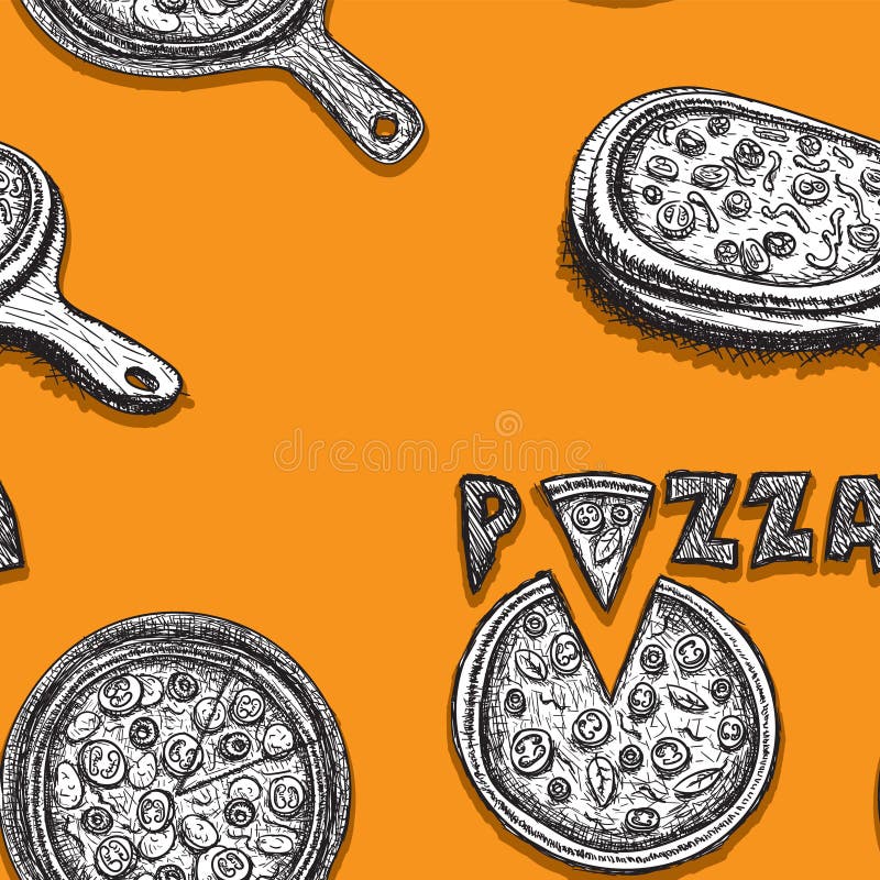 Seamless pizza pattern on tray, hand drawn line art on orange background. Vector image vector illustration Seamless pizza pattern on tray, hand drawn line art on orange background. Vector image vector illustration