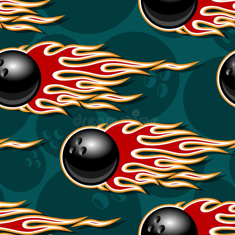 Seamless Vector Pattern with Bowling Ball Icons and Flames. Stock