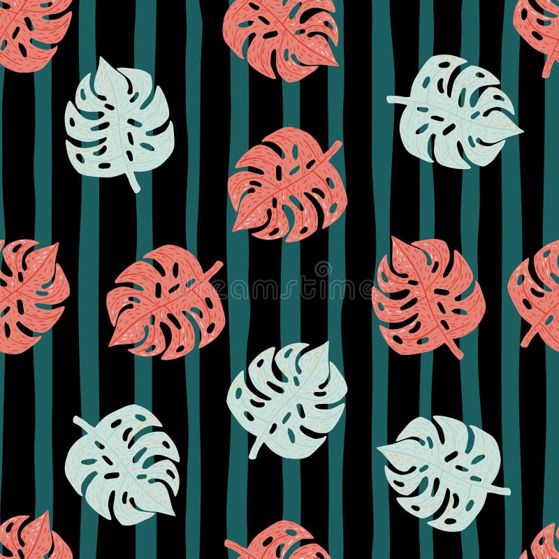 Seamless random doodle pattern with pink and light colored monstera ornament. Striped background stock illustration