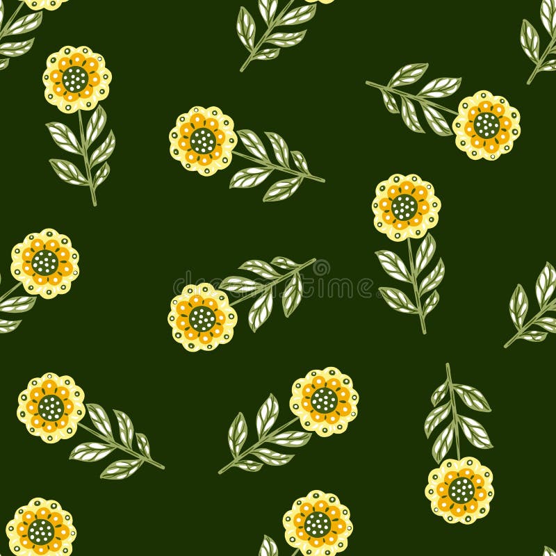 Seamless random pattern with doodle hand drawn orange folk flowers silhouettes. Green olive background stock illustration
