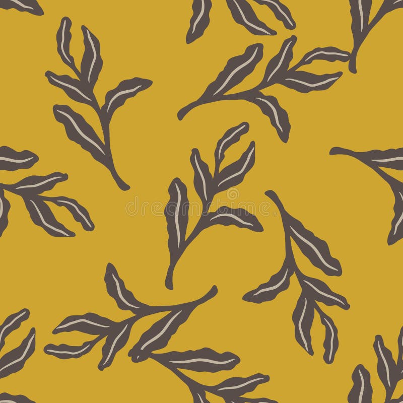 Seamless random pattern with pale purple tropic creative leaf branches ornament. Orange ocher background vector illustration