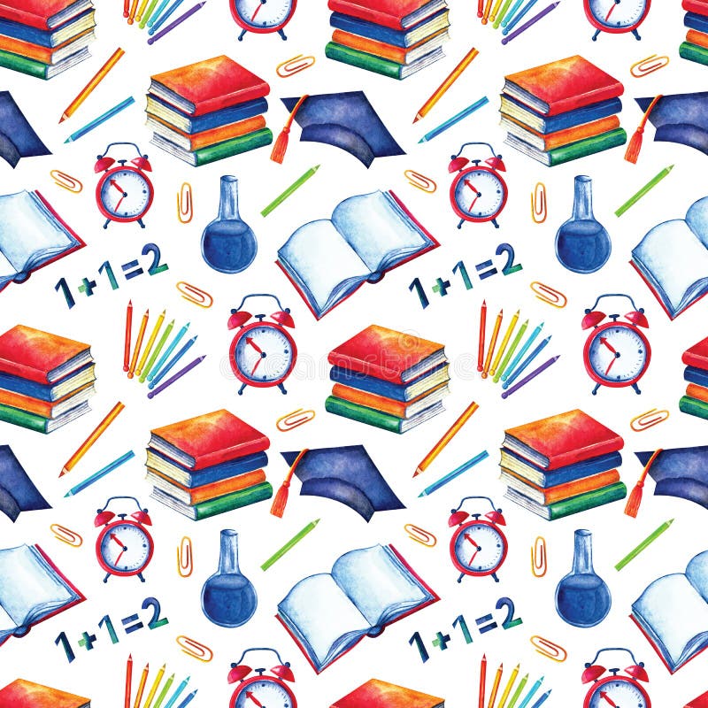 Seamless School Pattern in Watercolor. Books, Textbooks, Colored, Pencils  on a White Background Stock Illustration - Illustration of fabric, card:  156622831