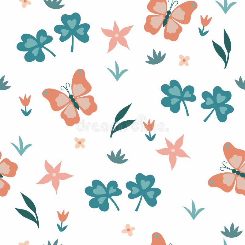 Seamless Simple Floral Pattern with Flowers and Butterflies. Vector