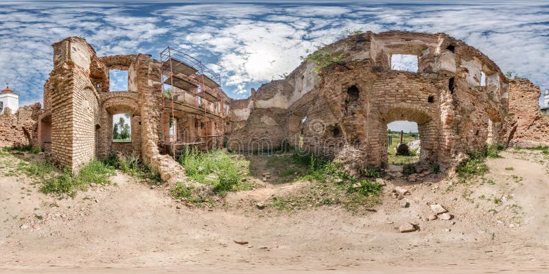 Seamless spherical hdri panorama 360 degrees angle view near brick wall of ruined castle in equirectangular projection with zenith